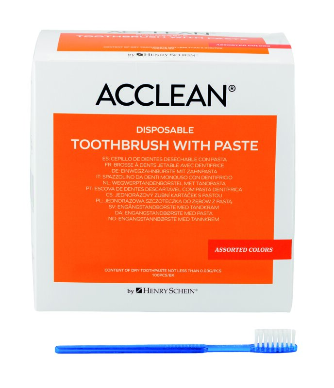 Brosse à dents jetable – Henry Schein – dentifrice intégré sans fluor – coloris assortis – boîte de 100 unités