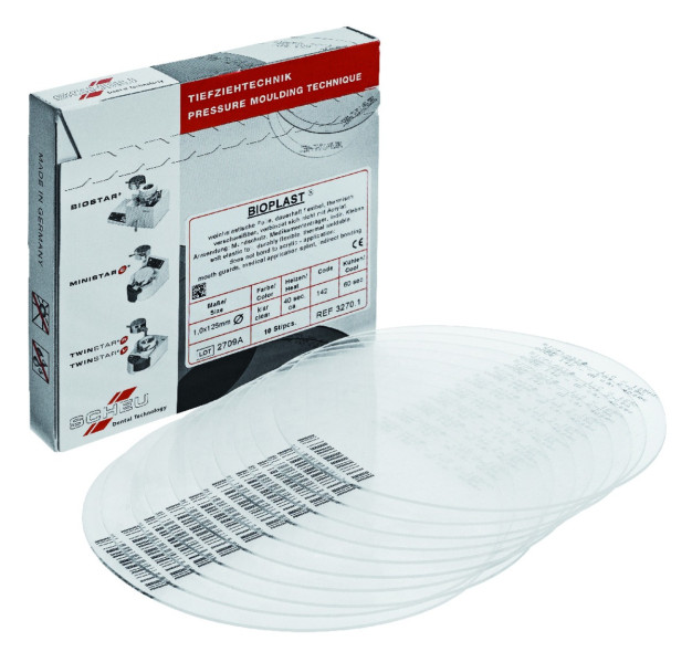 Bioplast SCHEU-DENTAL - Rondes - Clair - La boîte de 10 - diam. 125 mm - ép. 2 mm Bioplast SCHEU-DENTAL - Rondes - Clair - La boîte de 10 - diam. 125 mm - ép. 2 mm