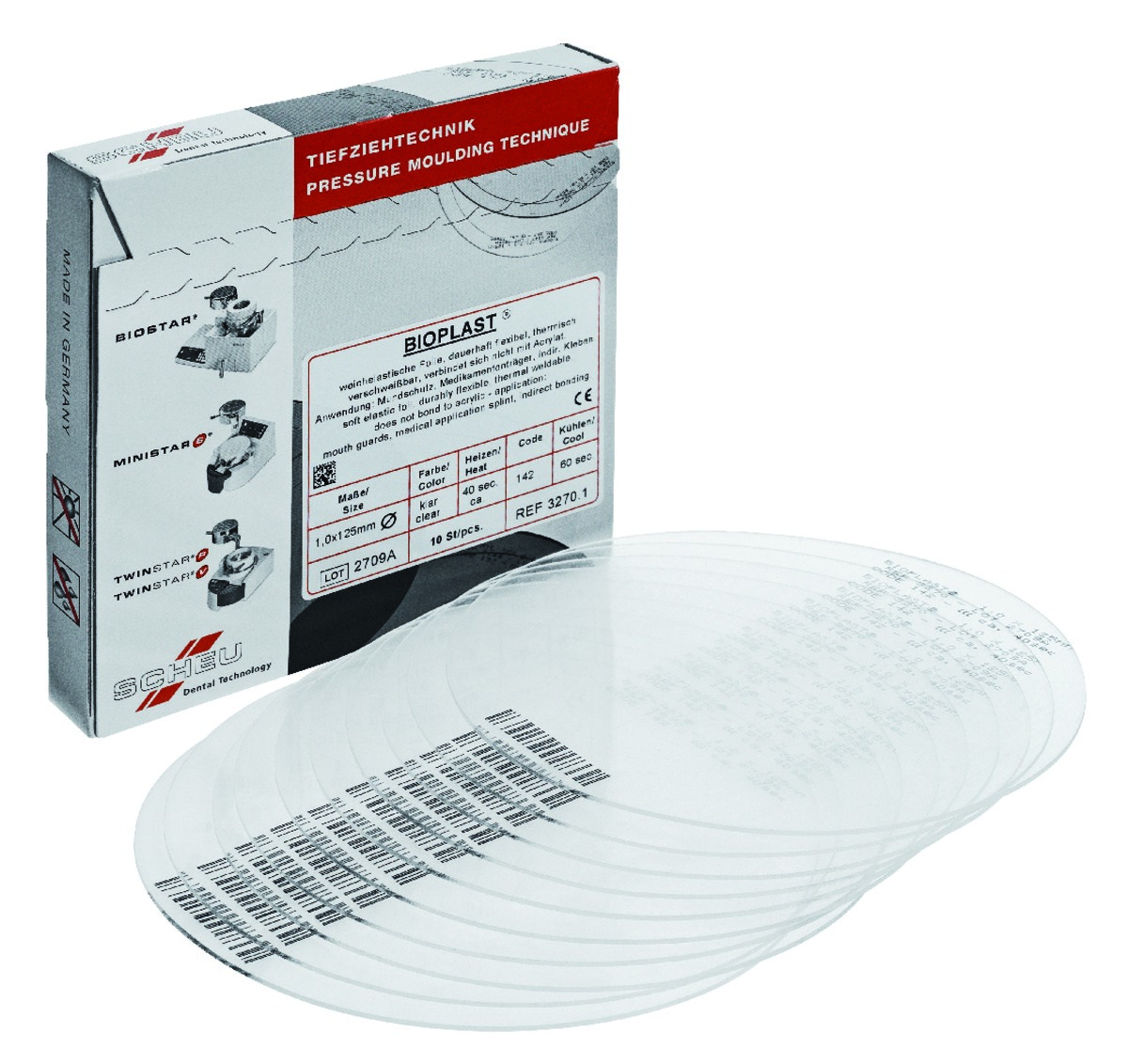 Bioplast SCHEU-DENTAL - Carrées - Clair - La boîte de 10 - 125 x 125 mm - ép. 3 mm  Bioplast SCHEU-DENTAL - Carrées - Clair - La boîte de 10 - 125 x 125 mm - ép. 3 mm