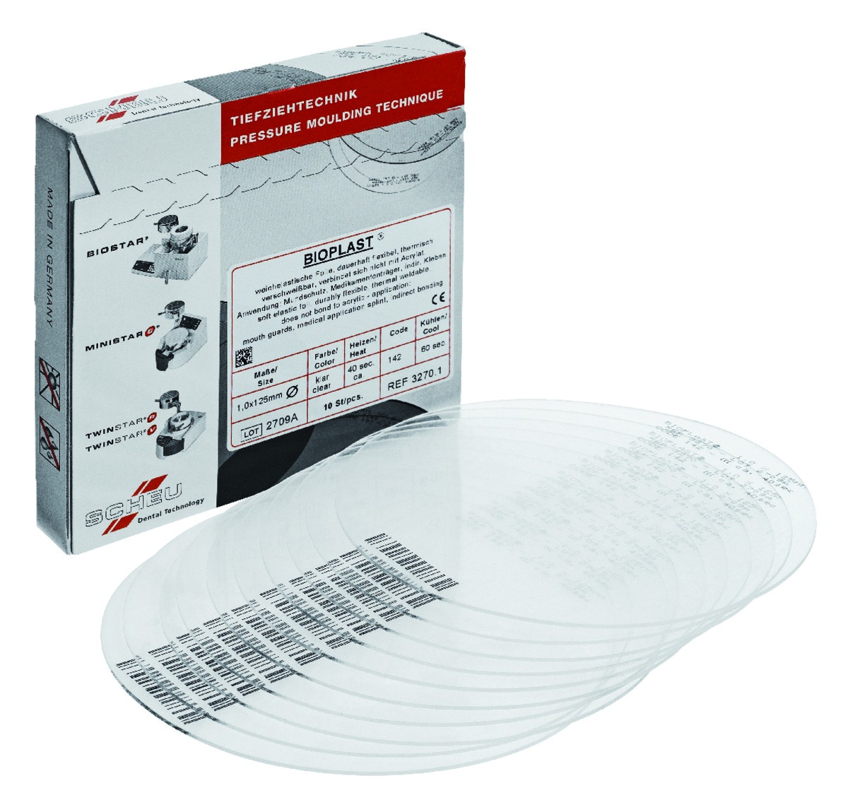 Bioplast SCHEU-DENTAL - Rondes - Clair - La boîte de 10 - diam. 125 mm - ép. 1 mm Bioplast SCHEU-DENTAL - Rondes - Clair - La boîte de 10 - diam. 125 mm - ép. 1 mm