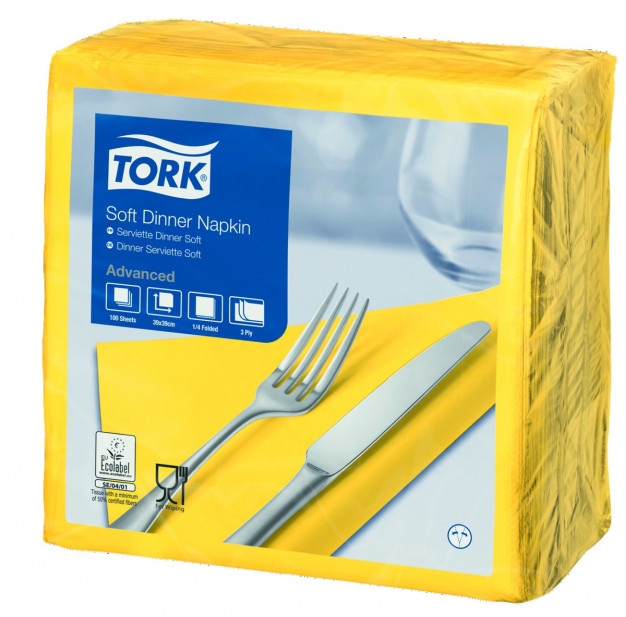 Serviettes TORK - 33x33 - Jaunes 2 Plis - Lot de 200 Serviettes TORK - 33x33 - Jaunes 2 Plis - Lot de 200