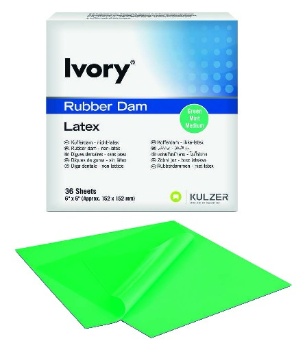 Digues Ivory 6x6 Latex Vert Moyen Adultes - Boîte de 36 - KULZER Digues Ivory 6x6 Latex Vert Moyen Adultes - Boîte de 36 - KULZER