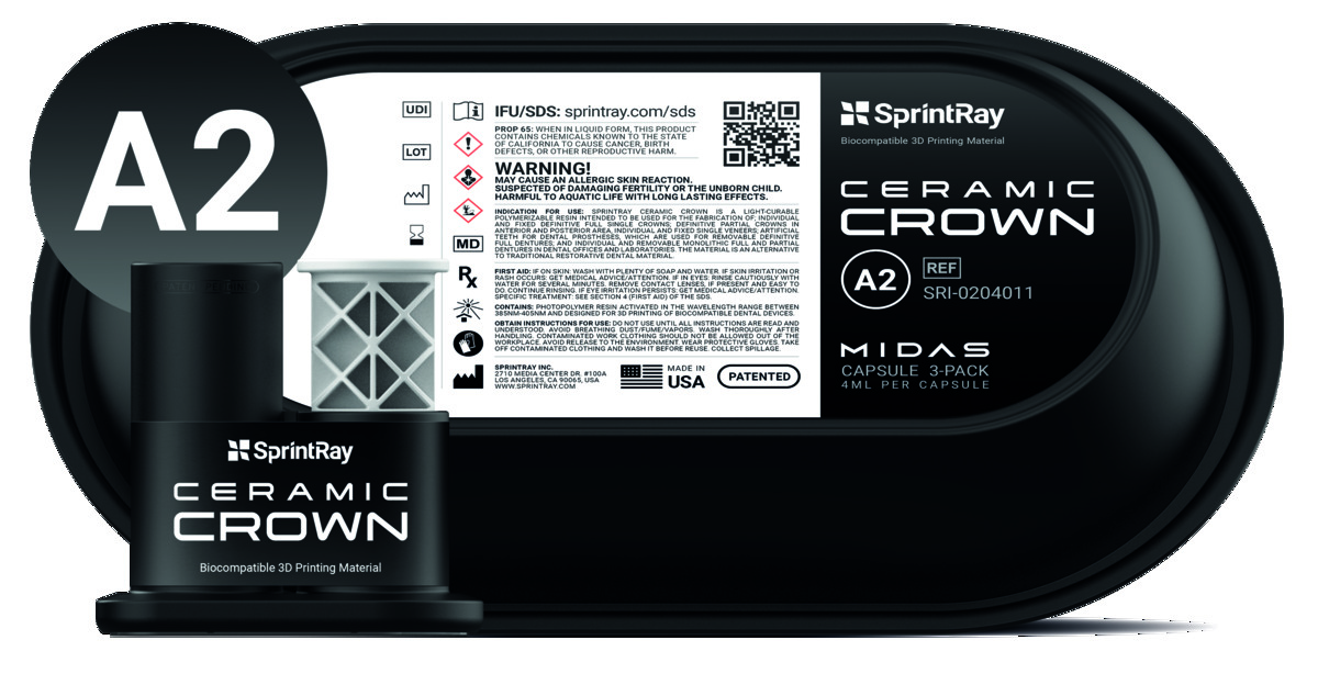 Capsules de résines Midas Ceramic Crown SprintRay A2 (x3)