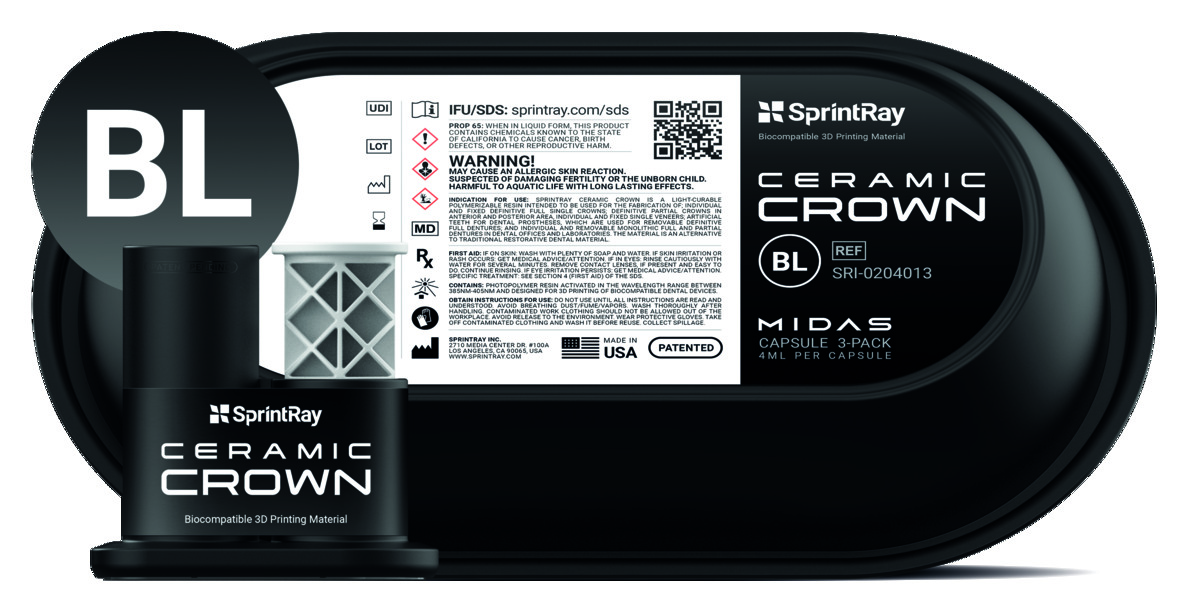 Capsules de résines Midas Ceramic Crown SprintRay BL (x3)