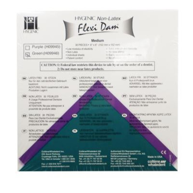 Digues Flexidam sans latex HYGENIC - vertes 6x6- Lot de 30 Digues Flexidam sans latex HYGENIC - vertes 6x6- Lot de 30